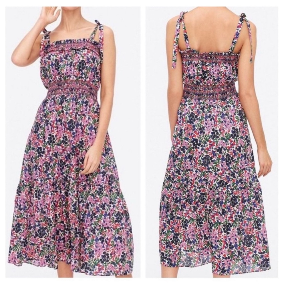 J. Crew Smocked Shoulder Tie Midi Dress in Boho Watermark Floral Print